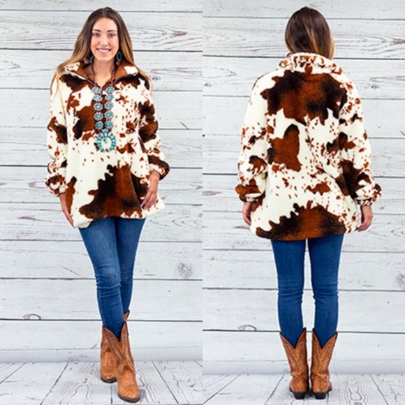 Country Western Cow Print Jacket - Faux Fur Sherpa Jacket - Soft & Fluffy Brown - Picture 3 of 4